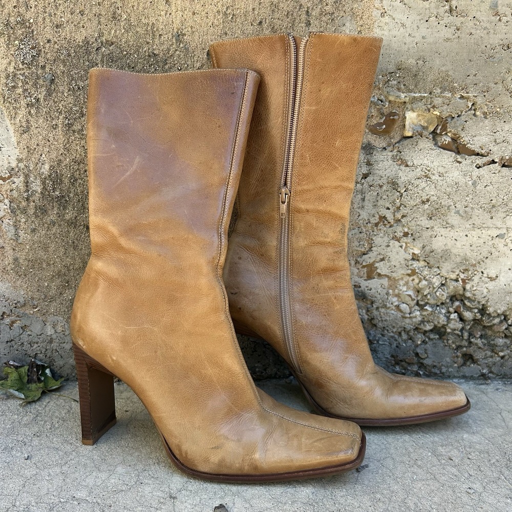 Steve Madden JEZELLE Leather Mid-Calf Bootie Tan Block Heel Zip Square Toe 8.5